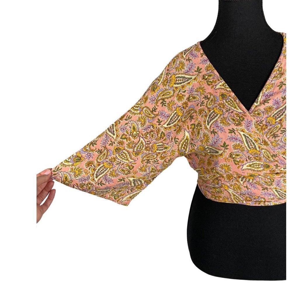 Patrons of Peace Pink Boho Cropped Wrap Blouse - Floral Rayon